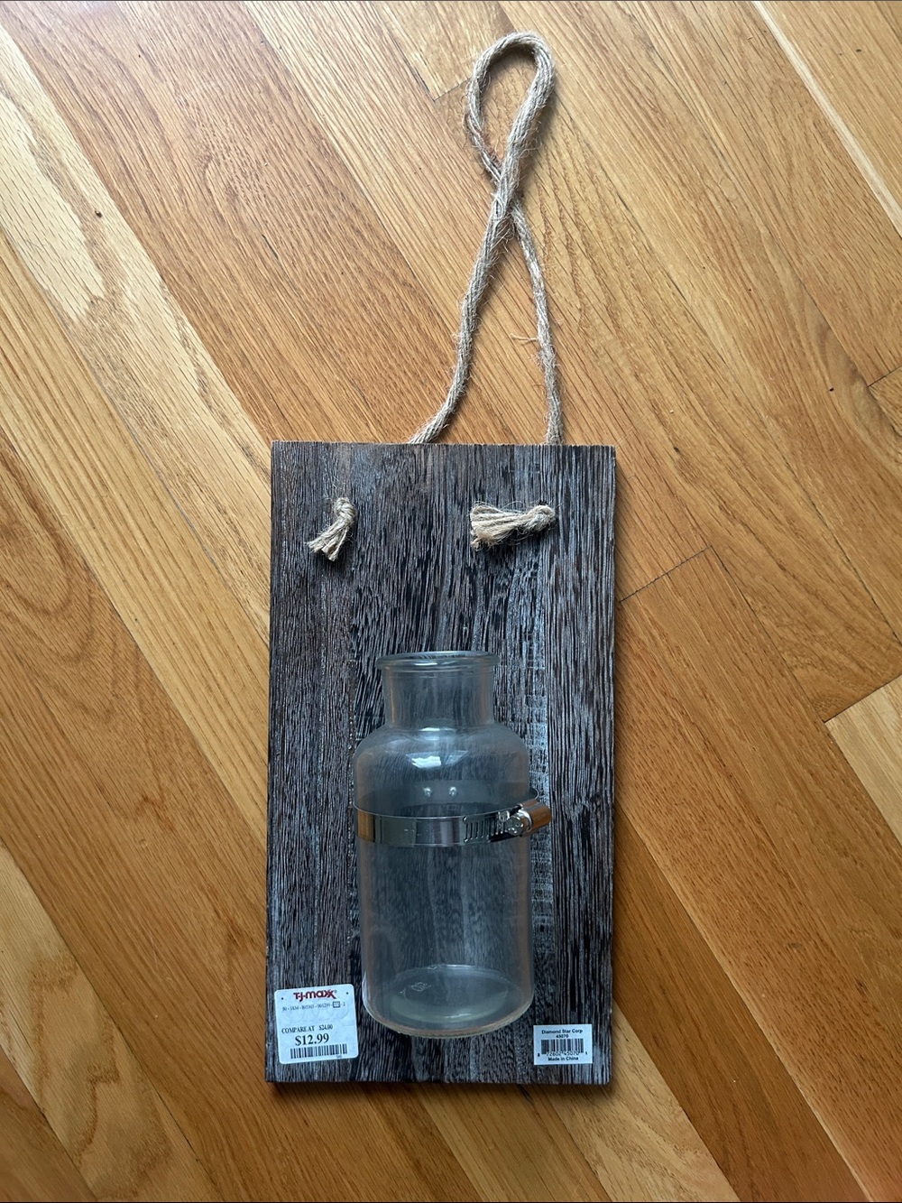 T.J.Maxx Rustic Gray Wood Wall Vase with Glass Jar and Rope Hanger